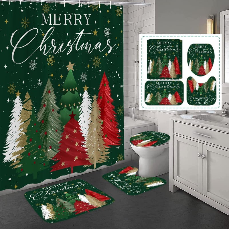 Apear1 4Pcs Merry Christmas Shower Curtain Set Xmas Tree Snowflake Shower Curtain for Christmas Bathroom Decor with Anti-Slip Waterproof Bathtub Bathroom Rugs Toilet Lid (Green) - Image 1
